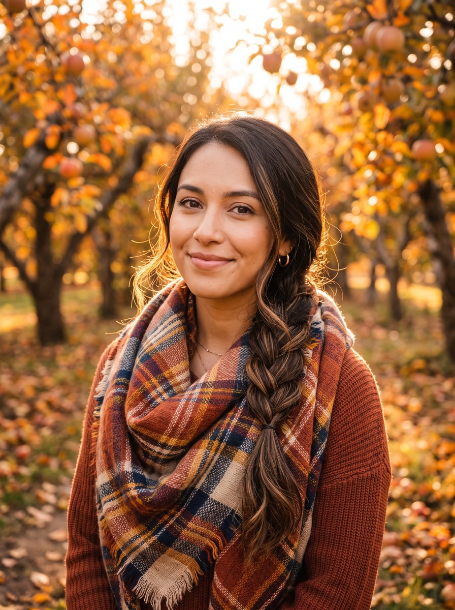 Low Side Braid Draped Over a Blanket Scarf
