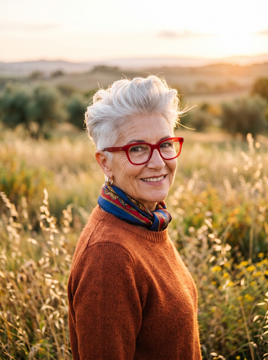 Brushed-Back Silver Quiff With Red Frames