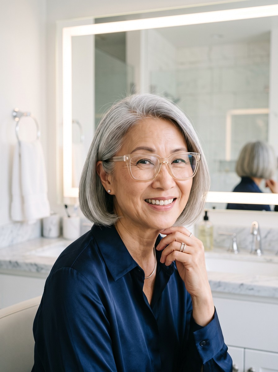 Rounded Chin-Length Bob for Oversized Square Frames