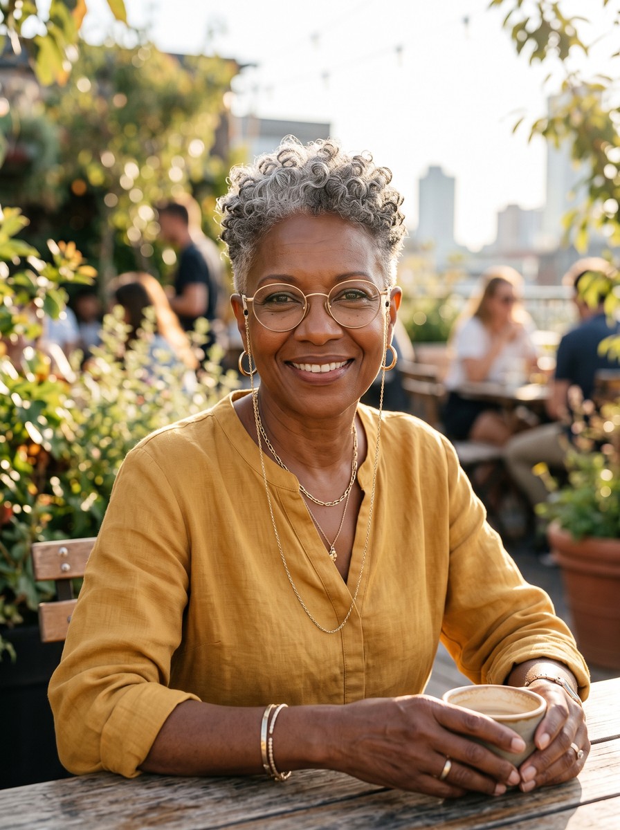 Tapered Curly Crop With Chain-Worn Reading Glasses