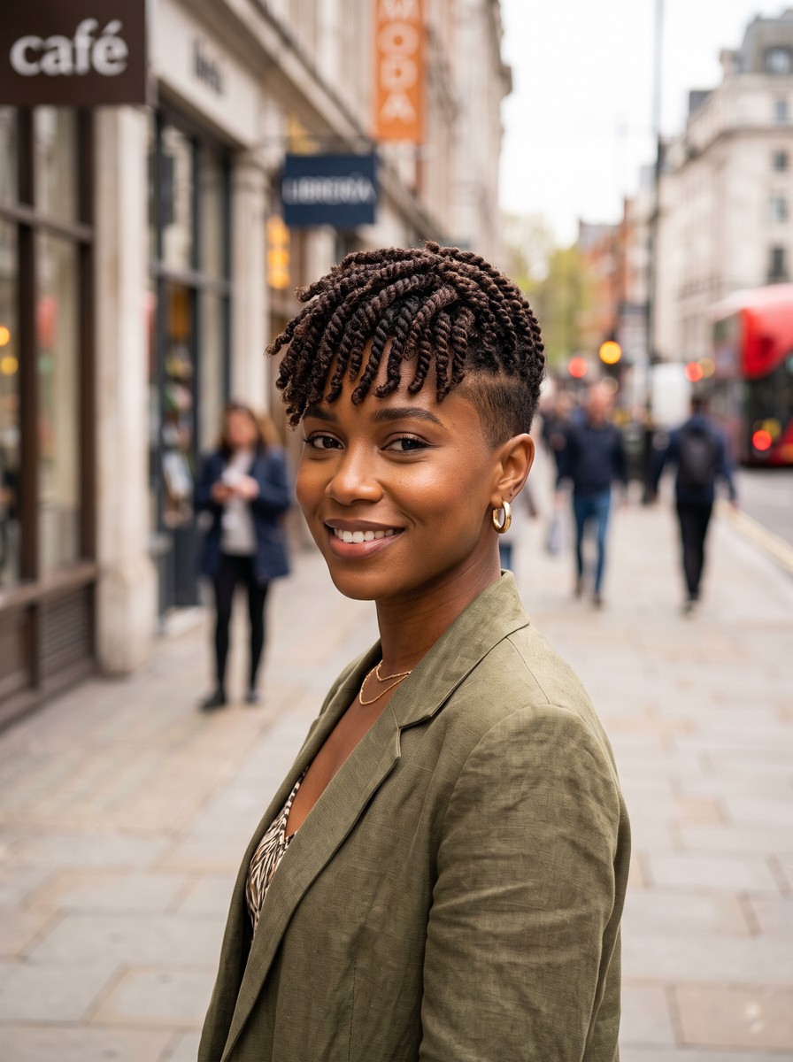 Forward-Swept Twisted Bangs on a Tapered Cut